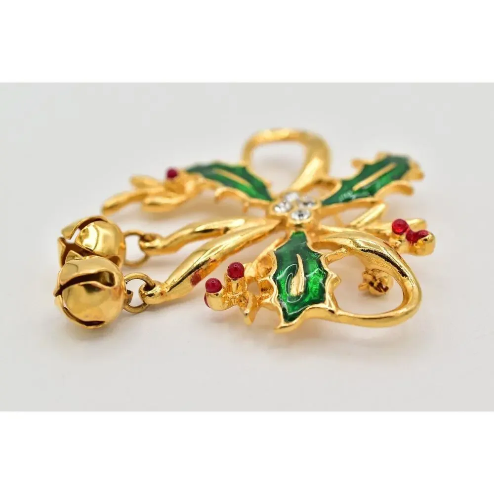 Vintage Christmas Pin Brooch Bell Holly Berry Green Red Enamel Gold 1980s BinAL